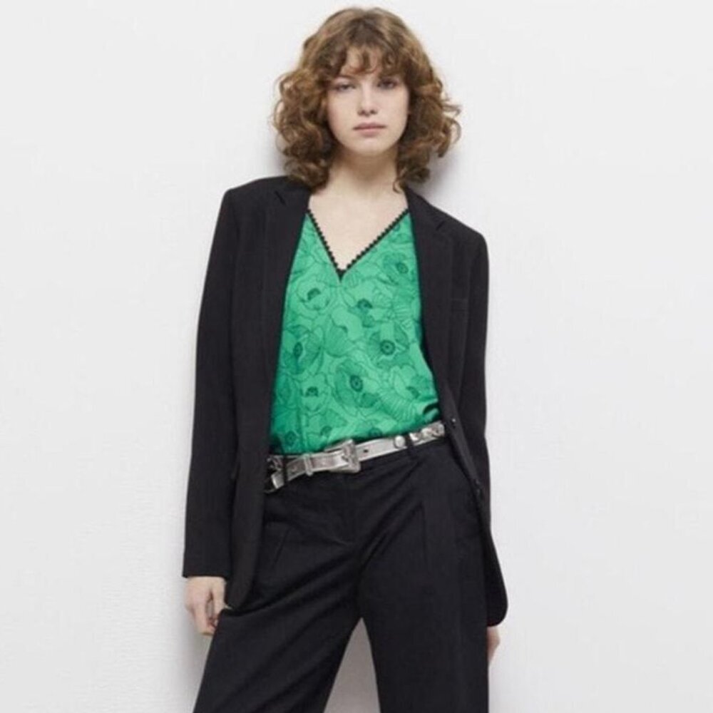 NWT | The Kooples | Green Poppy Floral Print | Tank Top | Black Lace Details - Picture 2 of 10